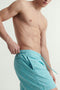Front image of a model wearing the Maui vibrant wash swimshorts in blue, by brand Jack&jones