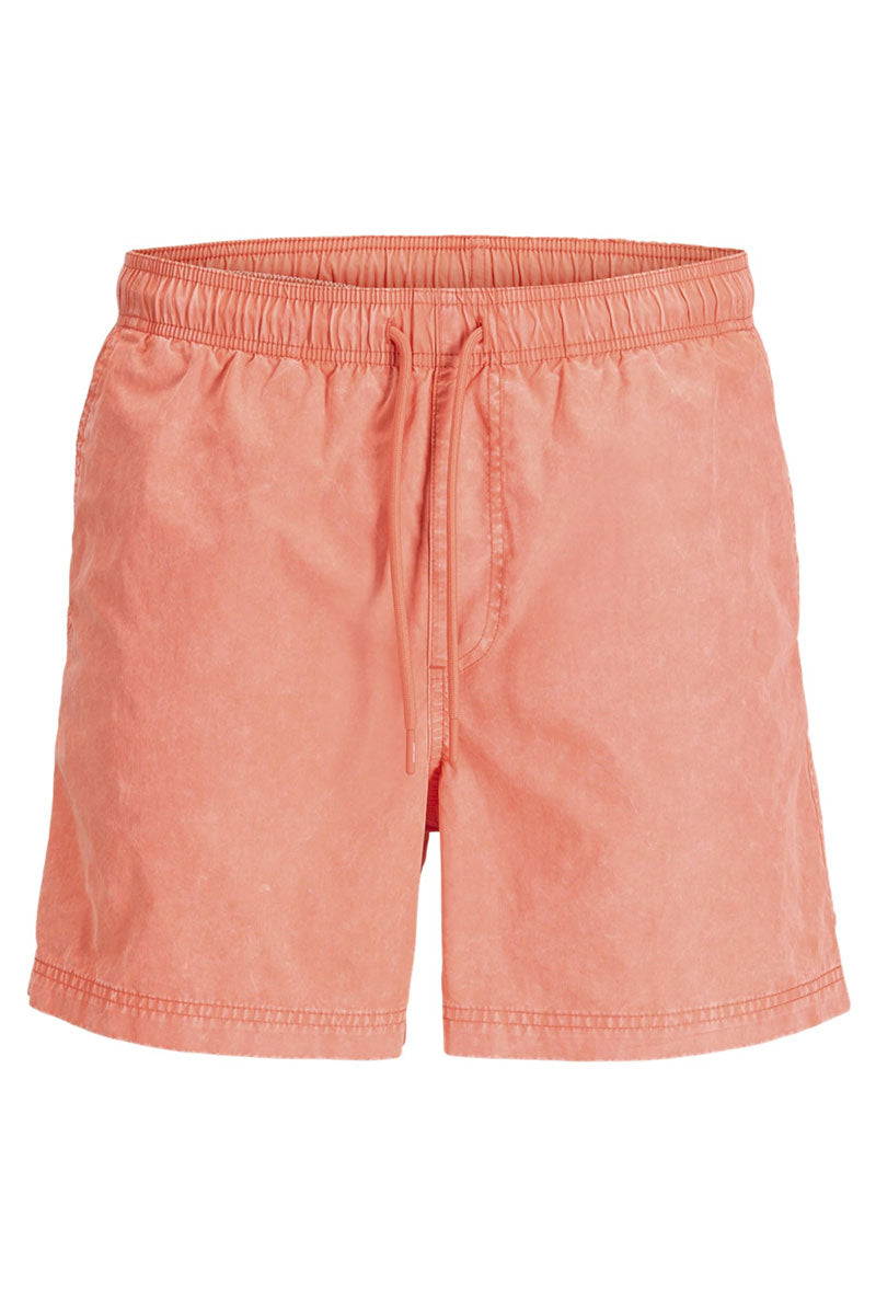 Front image of Maui vibrant wash swimshorts in coral, by brand Jack&jones