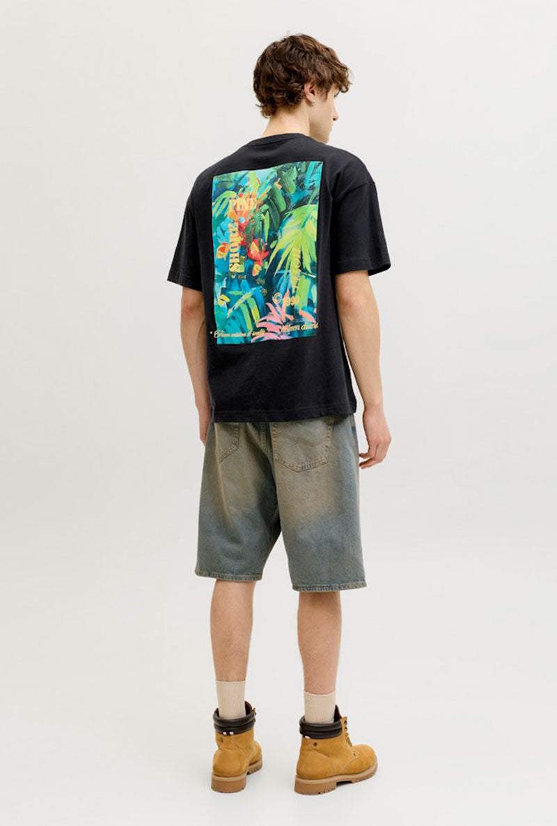 Back image of a model wearing Montauk back graphic tee in black, by brand Jack&jones