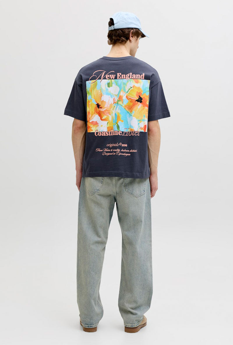 Back image of a model wearing Montauk back graphic tee in charcoal, by brand Jack&jones