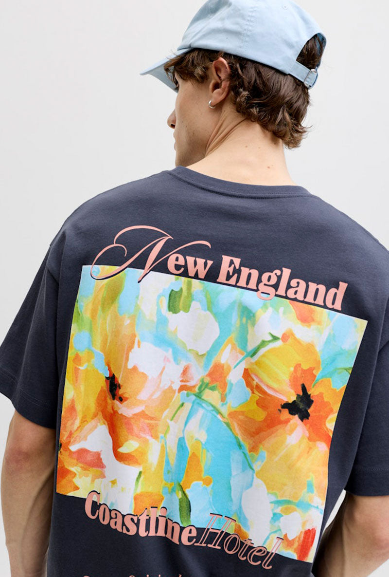 Back image of a model wearing Montauk back graphic tee in charcoal, by brand Jack&jones