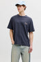 Front image of a model wearing Montauk back graphic tee in charcoal, by brand Jack&jones
