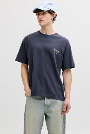 Front image of a model wearing the Montauk back graphic tee in charcoal, by brand Jack&jones
