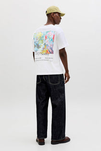 Back image of a model wearing the Montauk back graphic tee in white, by brand Jack&jones