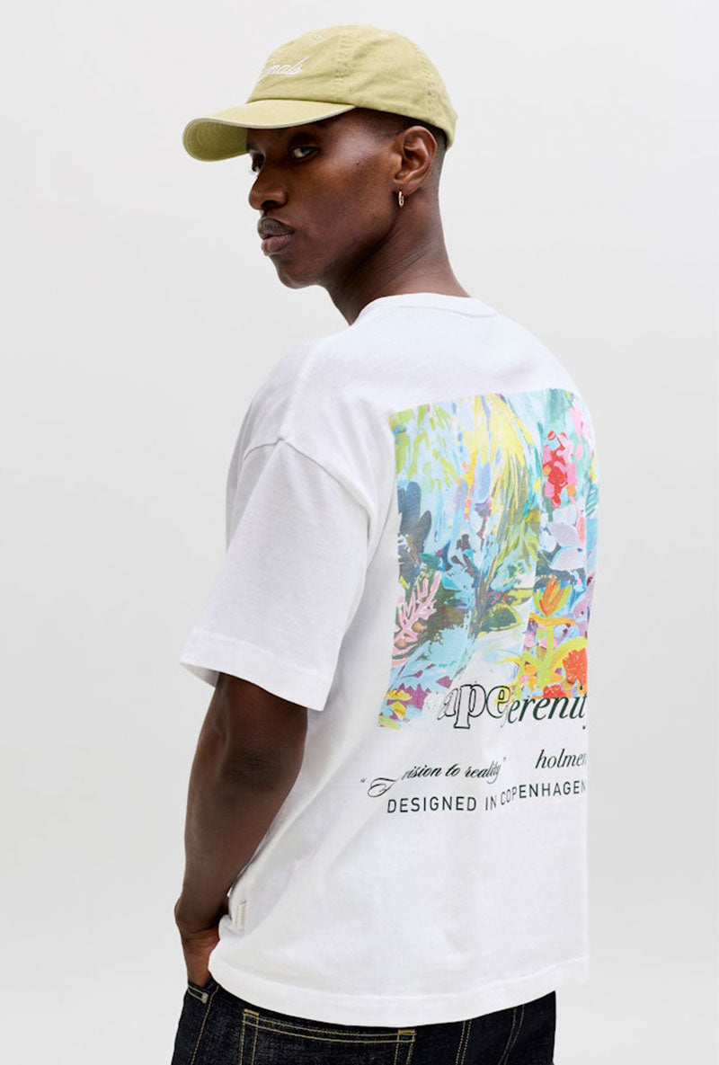 Back image of a model wearing Montauk back graphic tee in white, by brand Jack&jones