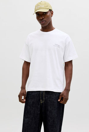 Front image of a model wearing the Montauk back graphic tee in white, by brand Jack&jones