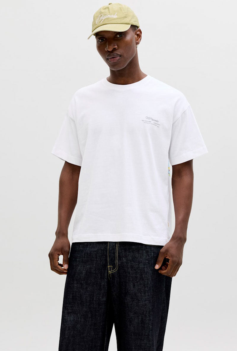 Front image of a model wearing Montauk back graphic tee in white, by brand Jack&jones