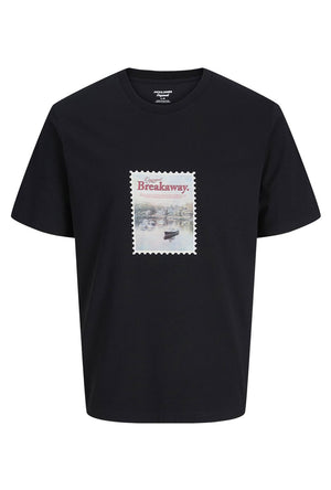 Front image of the Montauk photo ss tee in black, by brand Jack&jones