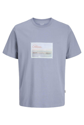 Front image of Montauk photo ss tee in blue, by brand Jack&jones