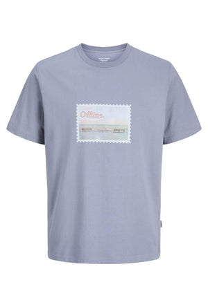 Front image of the Montauk photo ss tee in blue, by brand Jack&jones