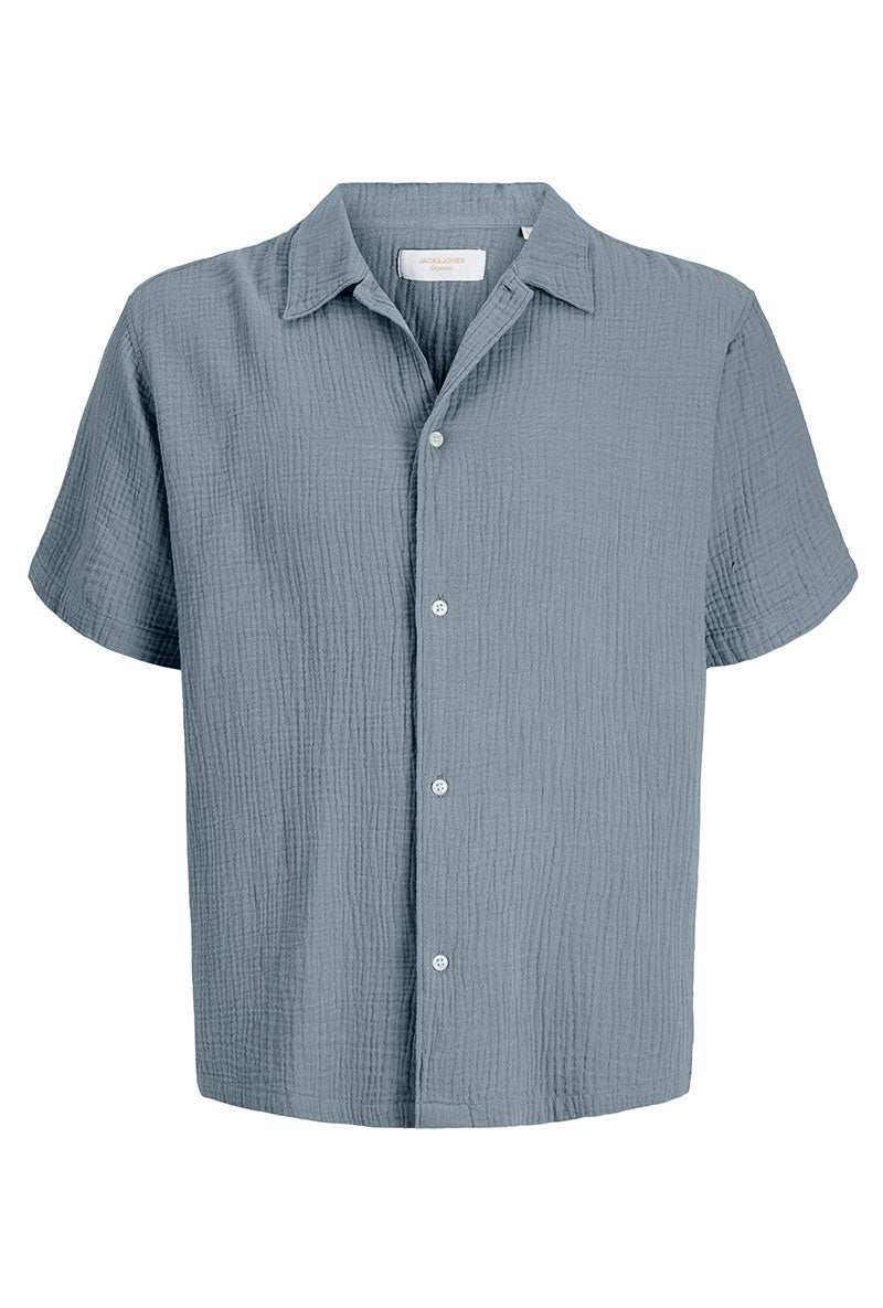 Front image of Nantucket double cloth ss shirt in blue, by brand Jack&jones