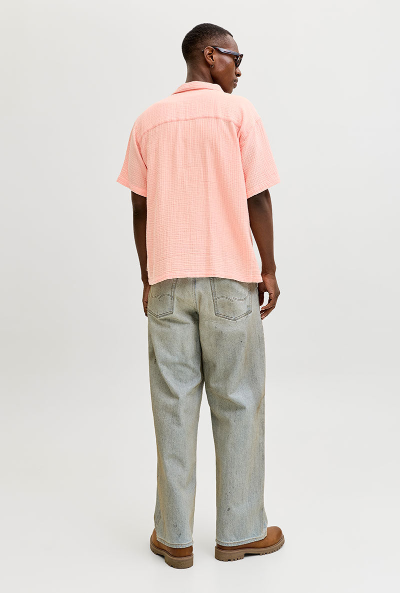 Back image of a model wearing Nantucket double cloth ss shirt in peach, by brand Jack&jones