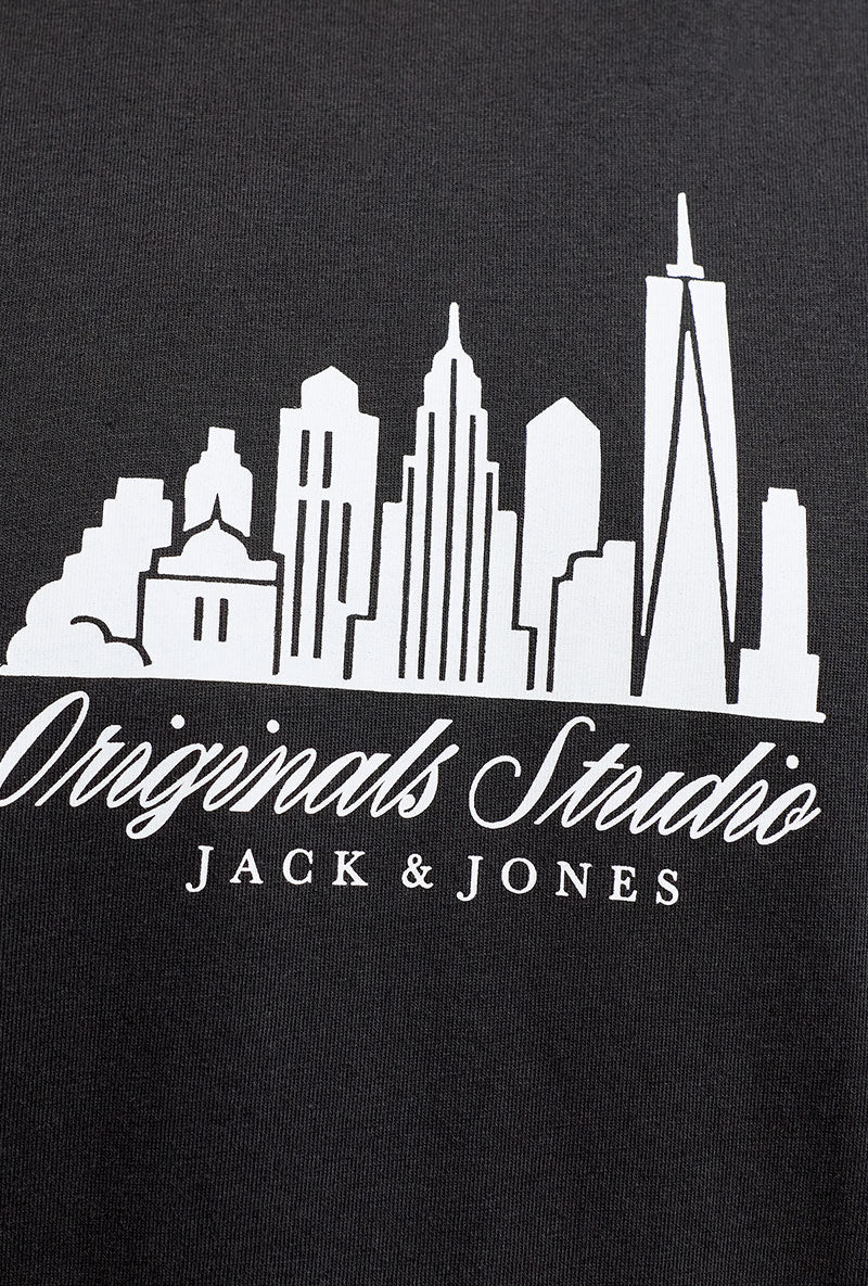 Front image of Norrebro skyline tee in black, by brand Jack&jones