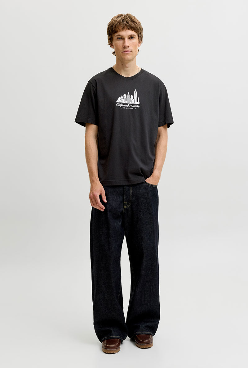Front image of Norrebro skyline tee in black, by brand Jack&jones