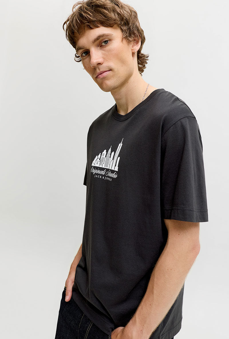 Front image of Norrebro skyline tee in black, by brand Jack&jones