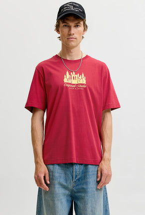 Front image of Norrebro skyline tee in red, by brand Jack&jones