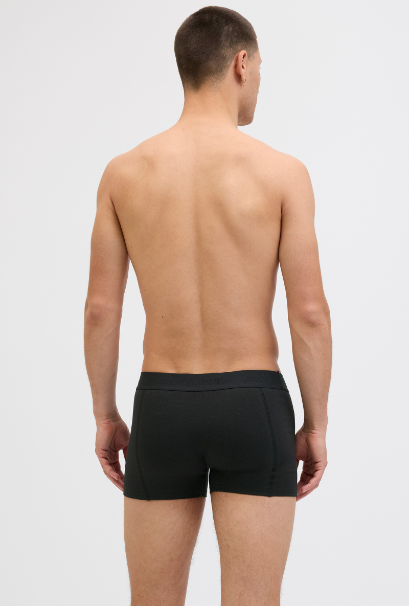 Back image of a model wearing Jack and jones ordinary trunks 3 pk in black, by brand Jack&jones