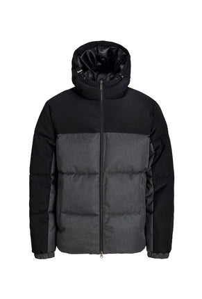 Front image of Oxford melange puffer jacket in black, by brand Jack&jones
