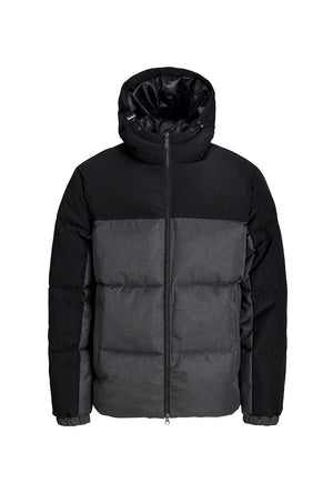 Front image of the Oxford melange puffer jacket in black, by brand Jack&jones