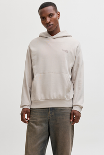Front image of a model wearing the Jack and jones roar sweat hood in beige, by brand Jack&jones