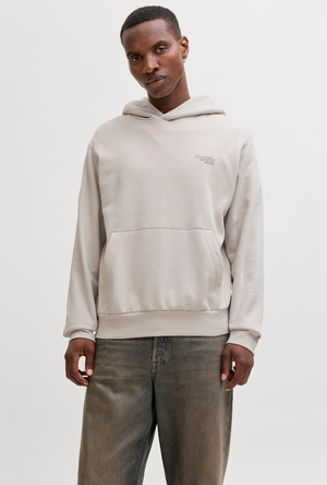 Front image of a model wearing the Jack and jones roar sweat hood in beige, by brand Jack&jones