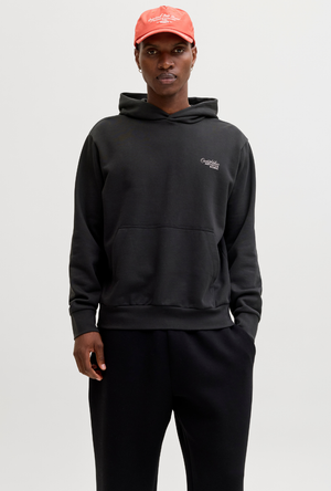 Front image of a model wearing the Jack and jones roar sweat hood in black, by brand Jack&jones