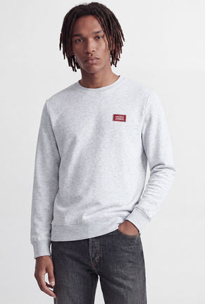 Front image of a model wearing Rush sweat crew neck sweatshirt in light grey, by brand Jack&jones
