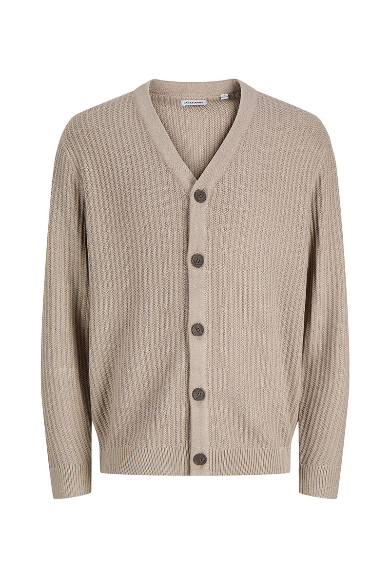 Front image of Sage vneck knit cardigan in light brown, by brand Jack&jones