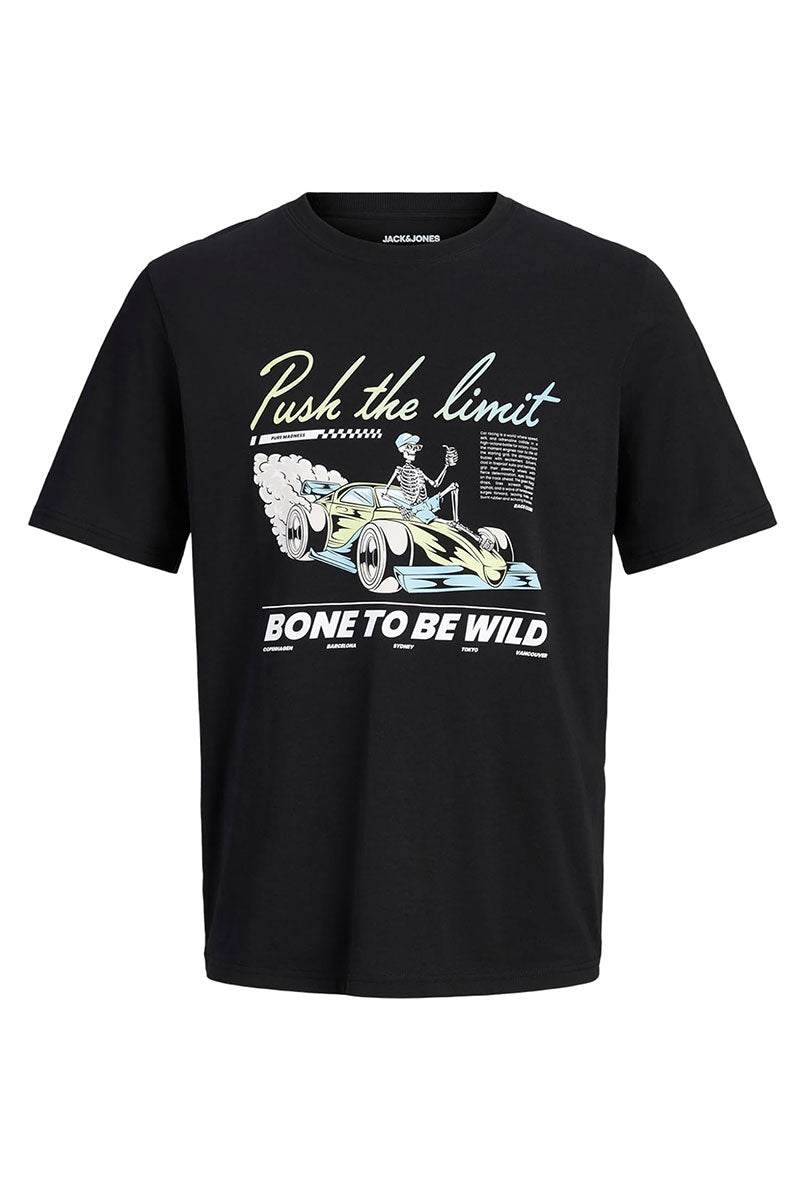 Front image of Track skull tee in black, by brand Jack&jones