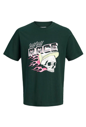 Front image of Track skull tee in green, by brand Jack&jones