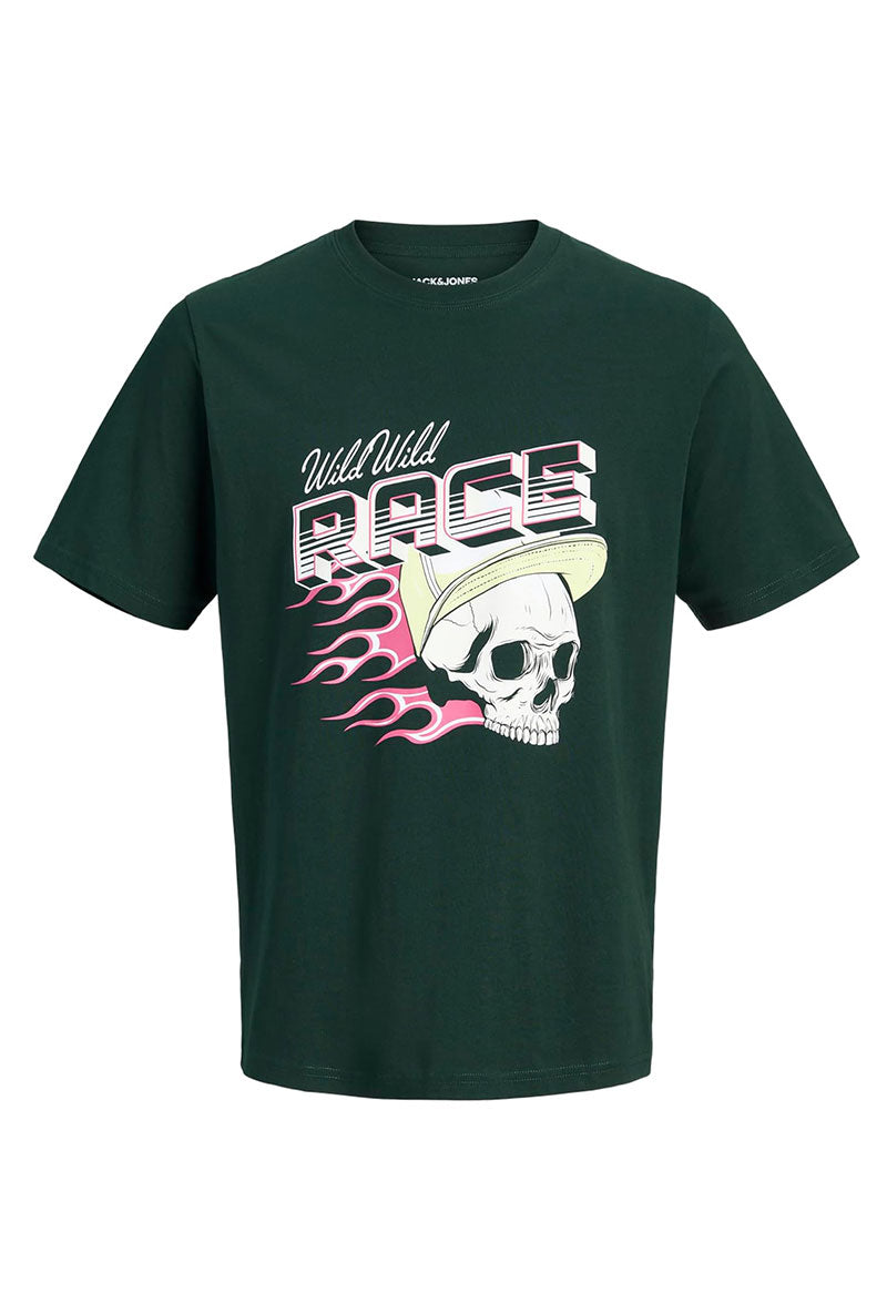 Front image of Track skull tee in green, by brand Jack&jones