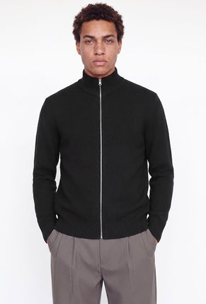 Front image of a model wearing Soho ollie high neck zip knit in black, by brand Jack&jones