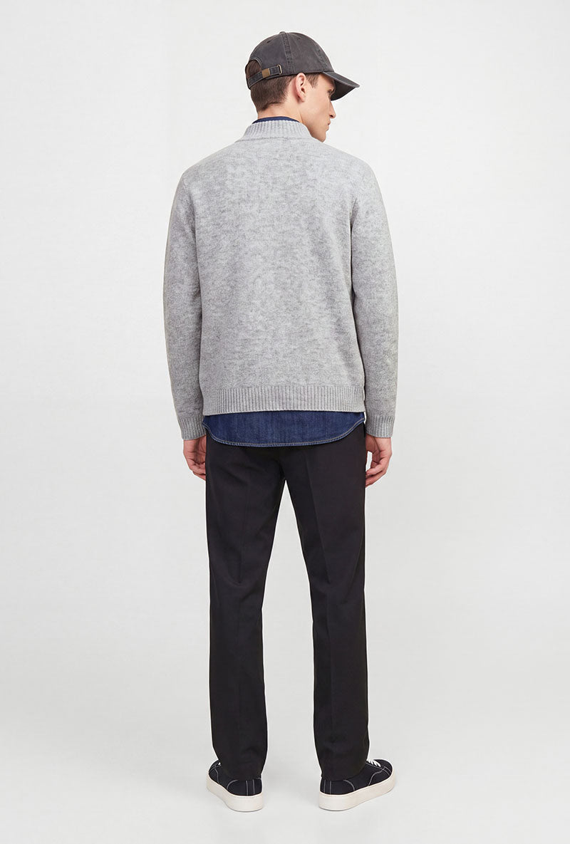 Back image of a model wearing Soho ollie high neck zip knit in light grey, by brand Jack&jones