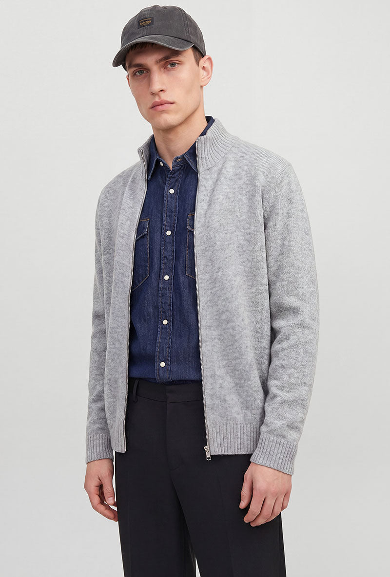 Front image of a model wearing Soho ollie high neck zip knit in light grey, by brand Jack&jones