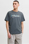 Front image of a model wearing Tom tee ss crew neck in charcoal, by brand Jack&jones