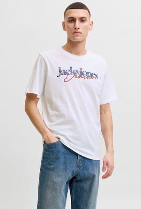 Front image of a model wearing Tom tee ss crew neck in white, by brand Jack&jones