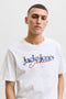 Front image of a model wearing the Tom tee ss crew neck in white, by brand Jack&jones
