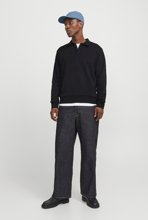 Front image of a model wearing the Jack and jones bradley sweat polo in black, by brand Jack&jones