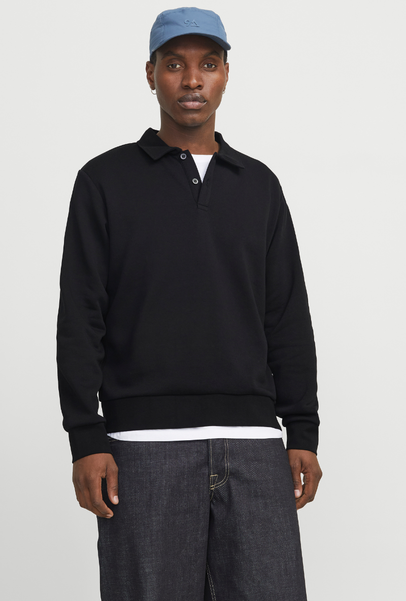 Front image of a mode of Jack and jones bradley sweat polo in black, by brand Jack&jones