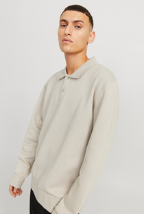 Front image of a model wearing the Jack and jones bradley sweat polo in stone, by brand Jack&jones