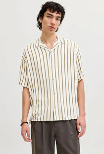 Front image of a model wearing the Jeff resort stripe shirt in olive, by brand Jack&jones
