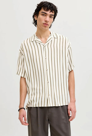 Front image of a model wearing the Jeff resort stripe shirt in olive, by brand Jack&jones
