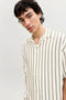 Front image of a model wearing the Jeff resort stripe shirt in olive, by brand Jack&jones