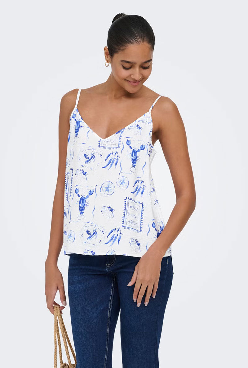 Front image of a model wearing Ada singlet in white, by brand Jacqueline de yong