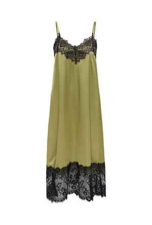 Front image of the Alana sl lace midi dress in olive, by brand Jacqueline de yong