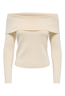 Front image of the Astra ls off shoulder pullover knit in beige, by brand Jacqueline de yong