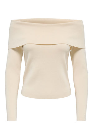Front image of the Astra ls off shoulder pullover knit in beige, by brand Jacqueline de yong