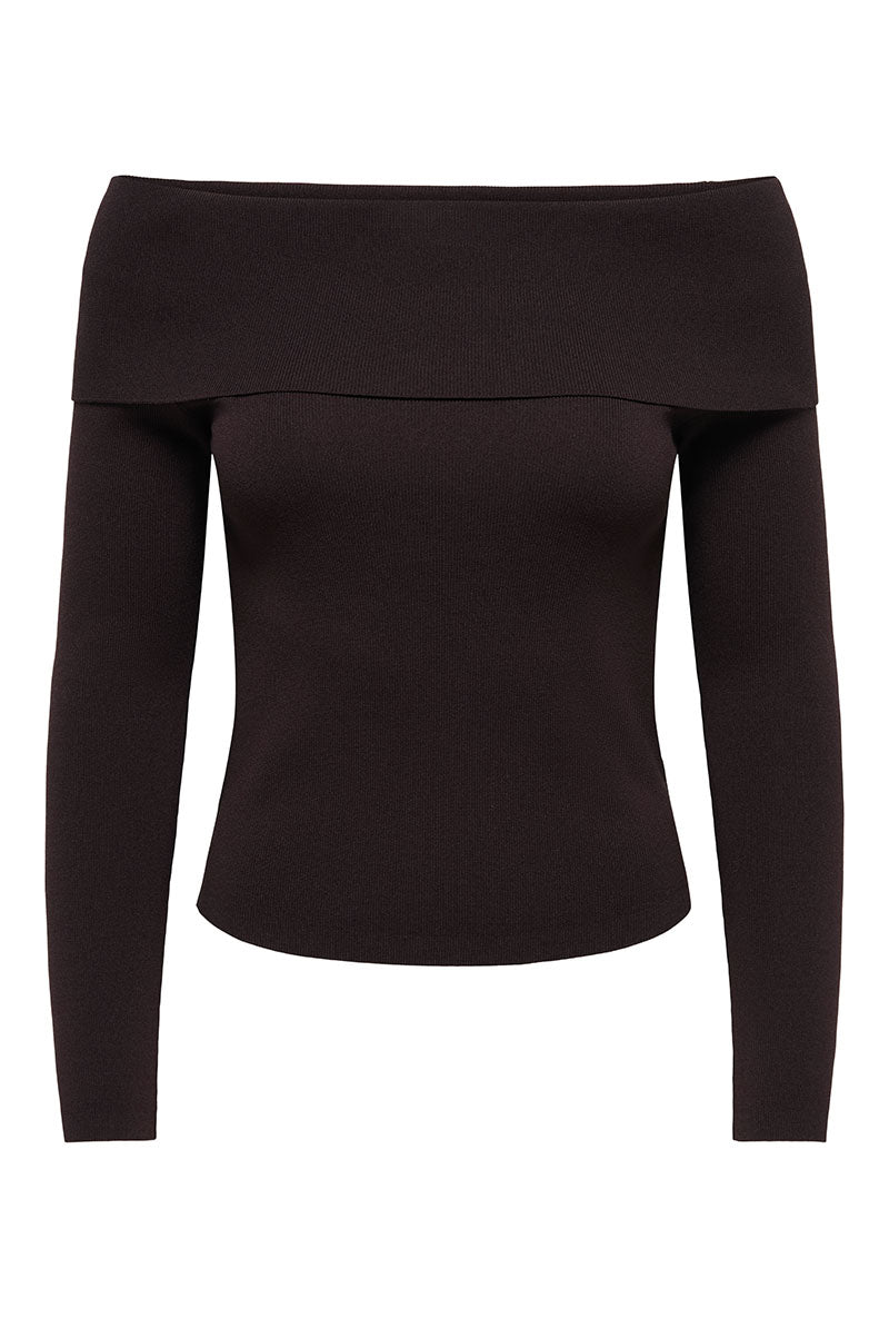 Front image of Astra ls off shoulder pullover knit in chocolate, by brand Jacqueline de yong