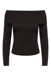 Front image of the Astra ls off shoulder pullover knit in chocolate, by brand Jacqueline de yong