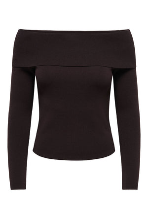 Front image of the Astra ls off shoulder pullover knit in chocolate, by brand Jacqueline de yong